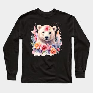 A polar bear decorated with beautiful watercolor flowers Long Sleeve T-Shirt